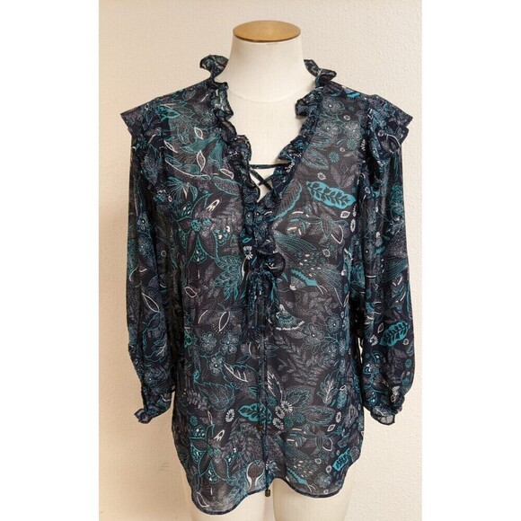 Anthropologie Tops - Women's ANTHROPOLOGIE Lace-Up Front Ruffle Trim Floral Print Beautiful Blouse SM